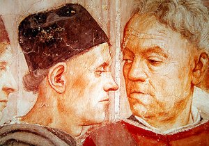 Dettaglio di dignitari, dal Risveglio del figlio di Teofilo e San Pietro intronizzato come primo vescovo di Antiochia, c.1427 e c.1484-85 da Tommaso Masaccio